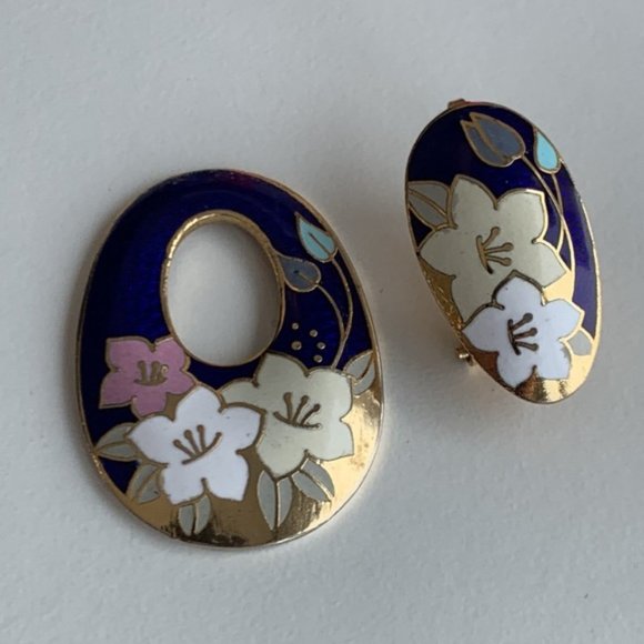 Vintage Floral Cloisonne Enamel Open Cut Earrings - Picture 4 of 5